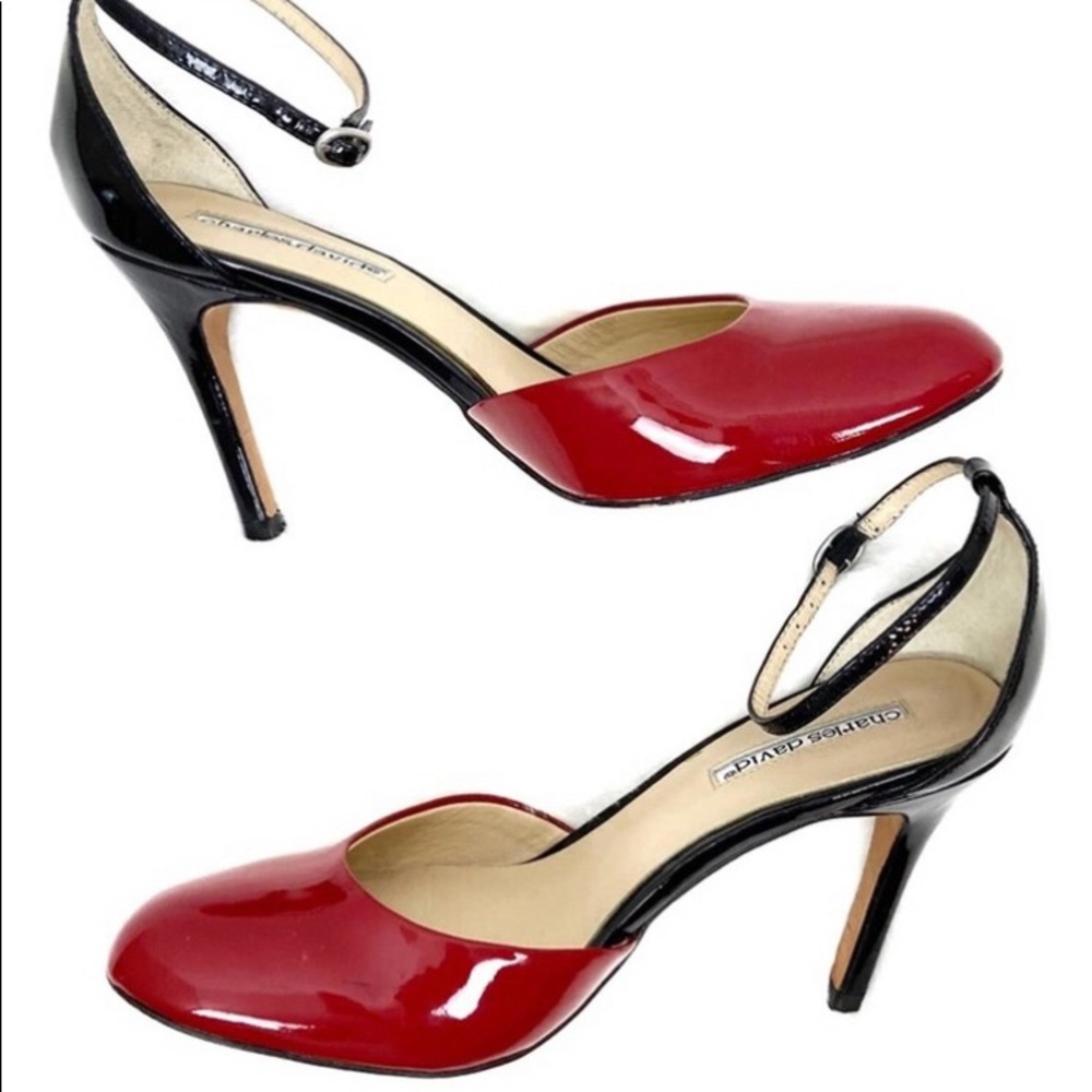 ISO Charles David red and black patent d’Orsay ankle strap high heels